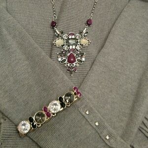 White House Black Market Silver Chain Long Necklace With Pink & Gray Rhinestones